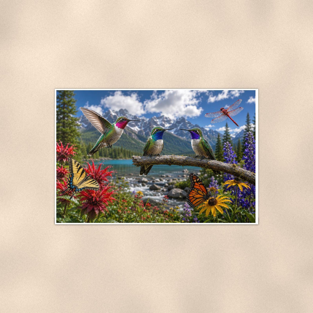 Hummingbird Mountain Meadow — 36x24 in art print poster, premium luster paper with a white border; poster shown straight on against a warm wall.