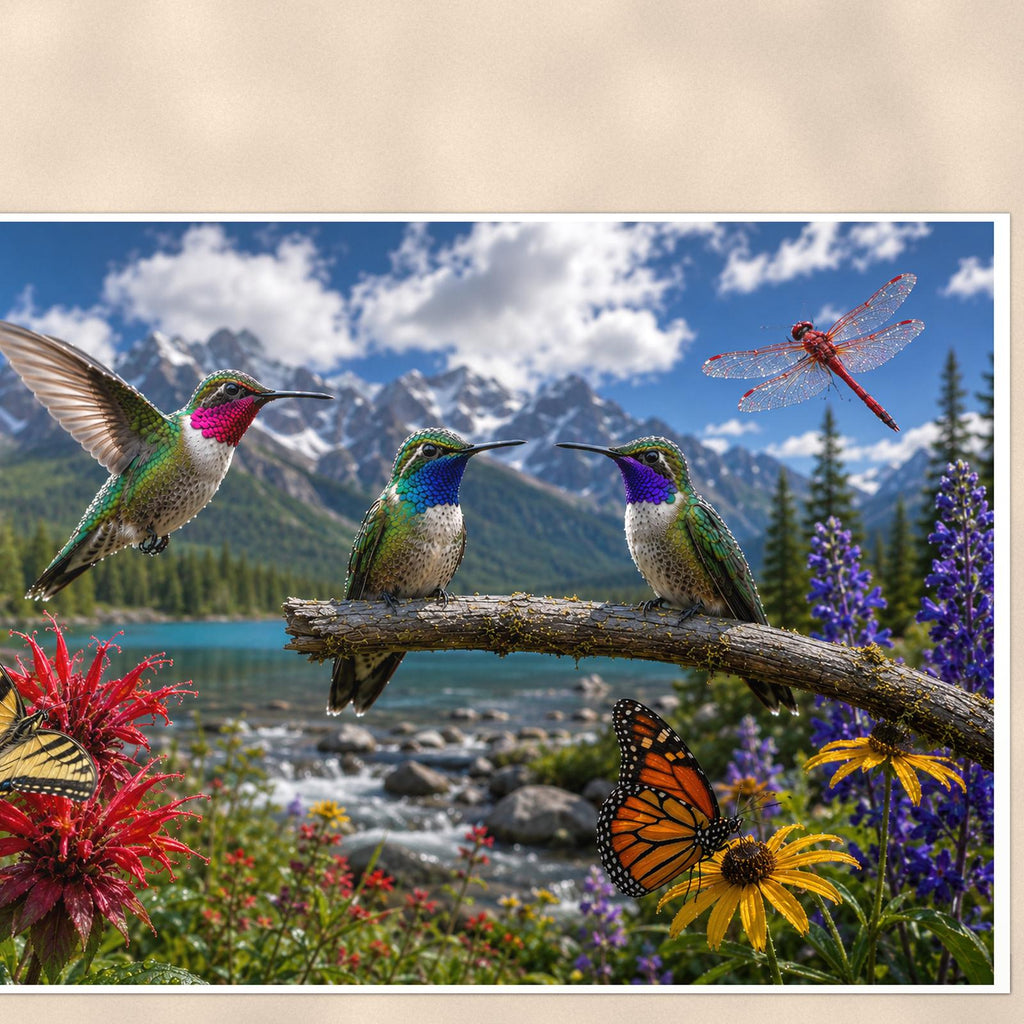 Hummingbird Mountain Meadow — 36x24 in art print poster, premium luster paper with a white border; close-up framed on the main subject of the artwork, paper surface visible.