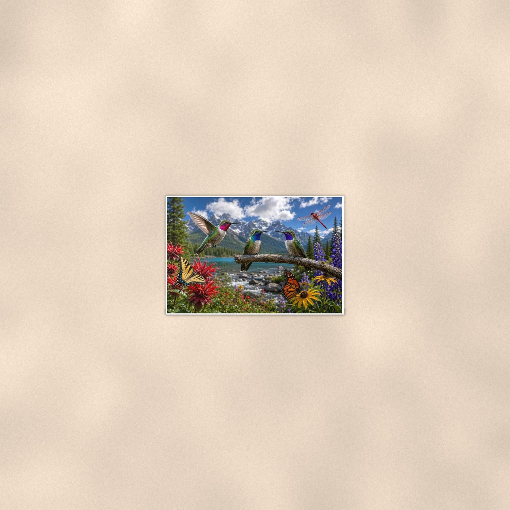 Hummingbird Mountain Meadow — 36x24 in art print poster, premium luster paper with a white border; poster seen from further back, at true 24x36 in scale on a warm wall.