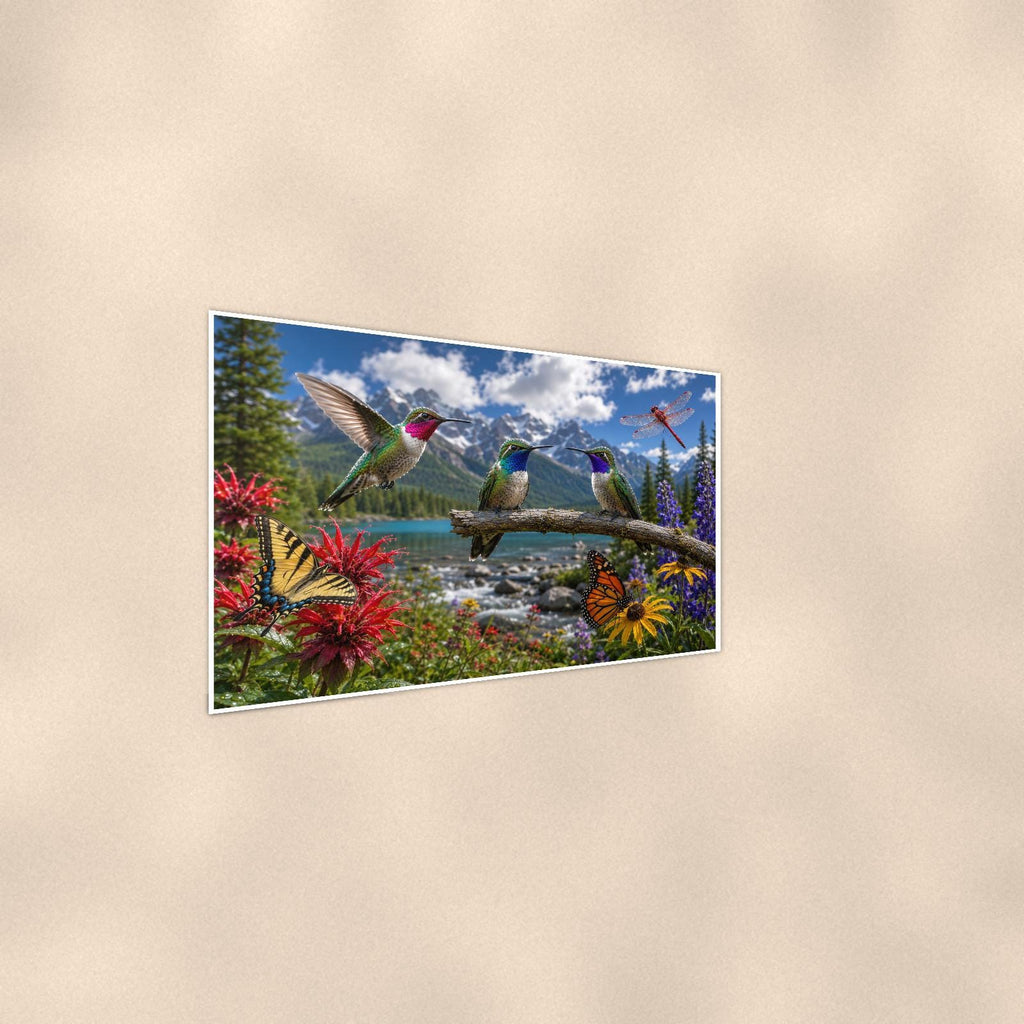 Hummingbird Mountain Meadow — 36x24 in art print poster, premium luster paper with a white border; steeper three-quarter angle on a warm wall, catching the luster sheen.
