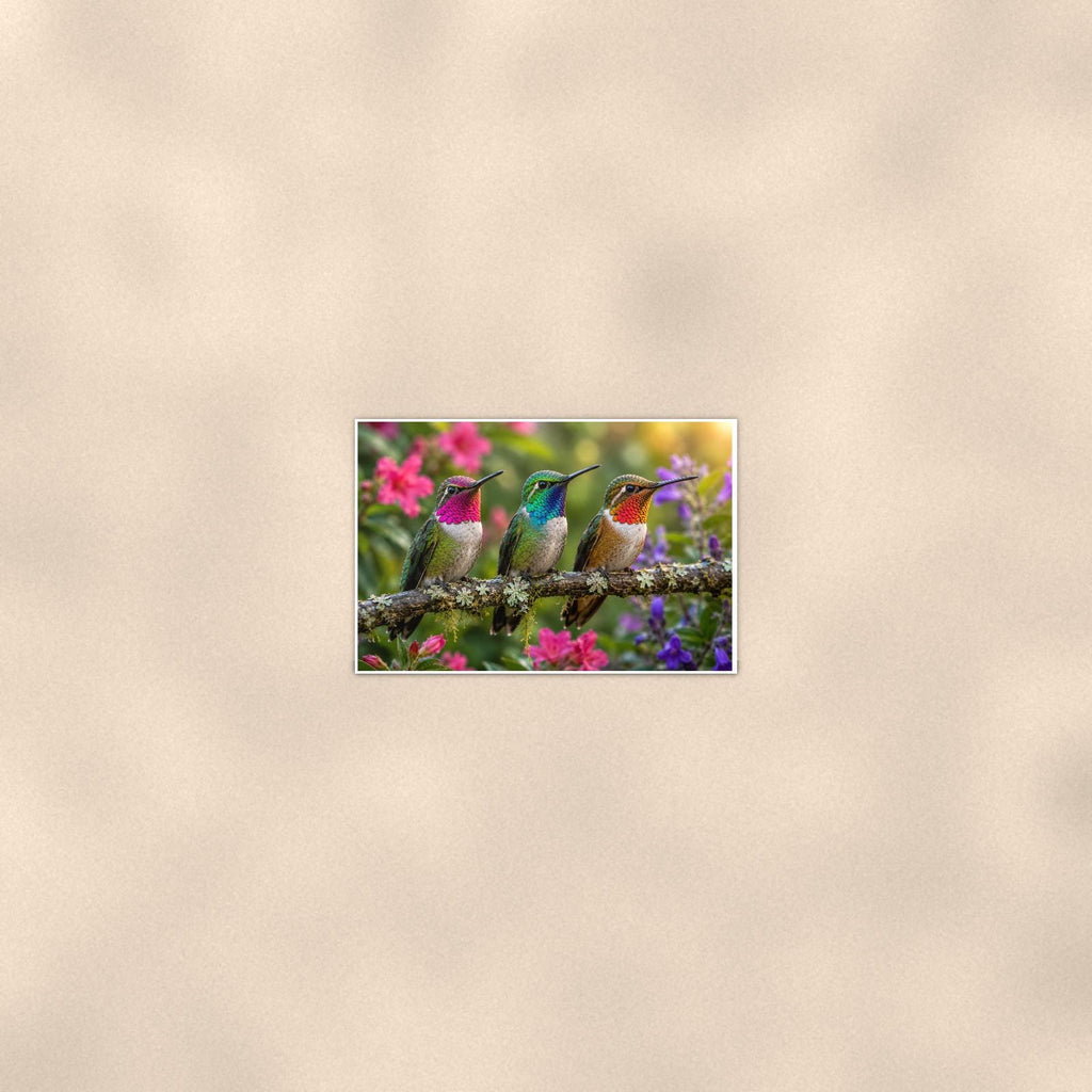 Three Hummingbirds — 36x24 in art print poster, premium luster paper with a white border; poster seen from further back, at true 24x36 in scale on a warm wall.
