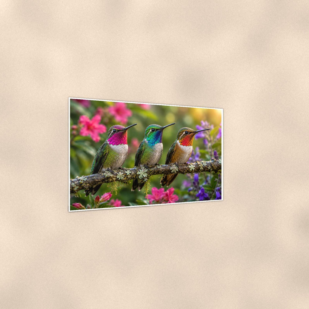 Three Hummingbirds — 36x24 in art print poster, premium luster paper with a white border; gentle three-quarter angle on a warm wall, showing the flat paper edge.