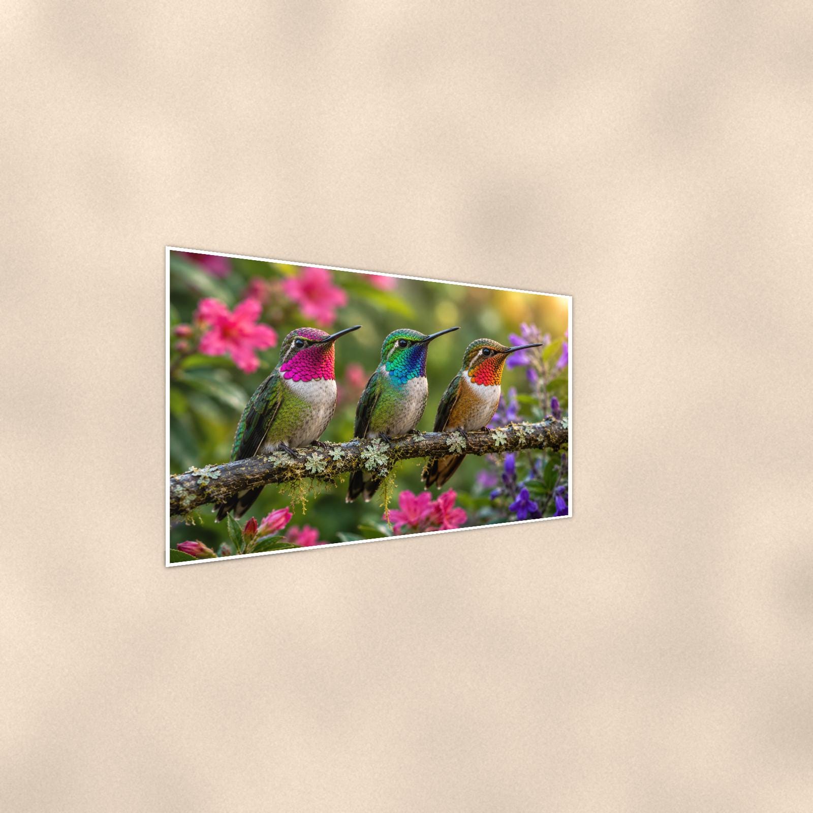 Three Hummingbirds — 36x24 in art print poster, premium luster paper with a white border; steeper three-quarter angle on a warm wall, catching the luster sheen.
