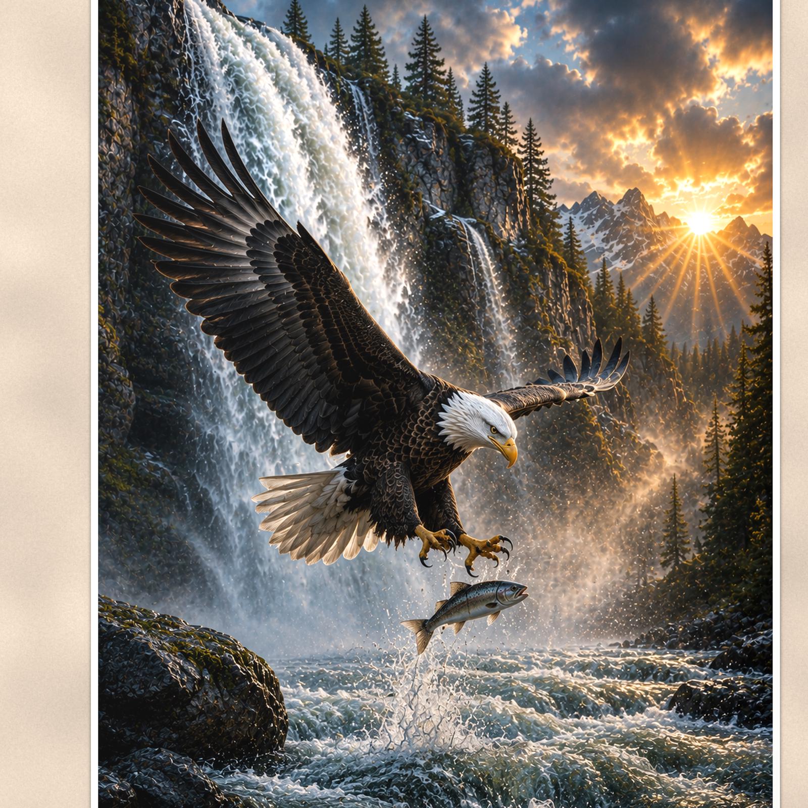 Eagles Catch — 24x36 in art print poster, premium luster paper with a white border; close-up framed on the main subject of the artwork, paper surface visible.
