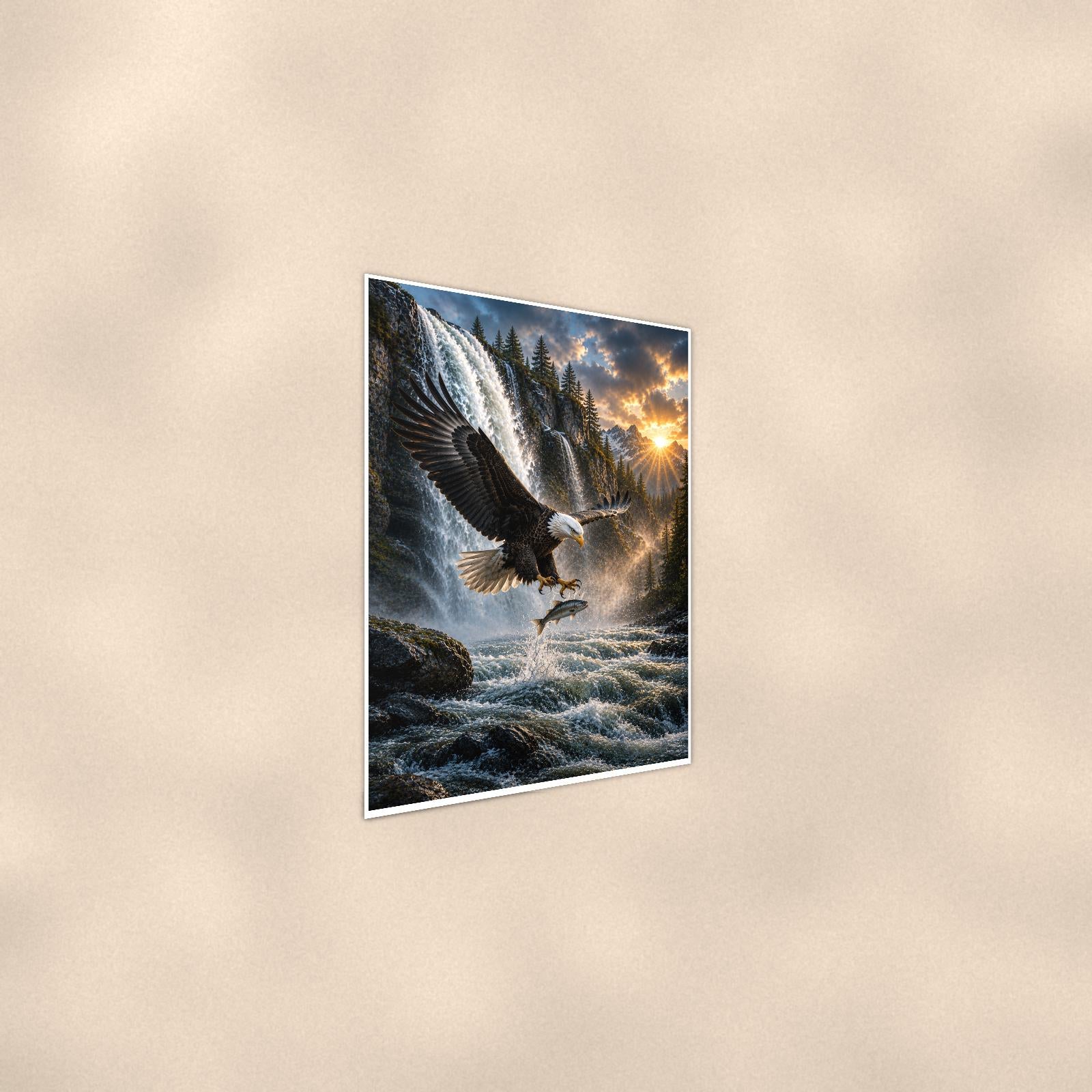 Eagles Catch — 24x36 in art print poster, premium luster paper with a white border; steeper three-quarter angle on a warm wall, catching the luster sheen.
