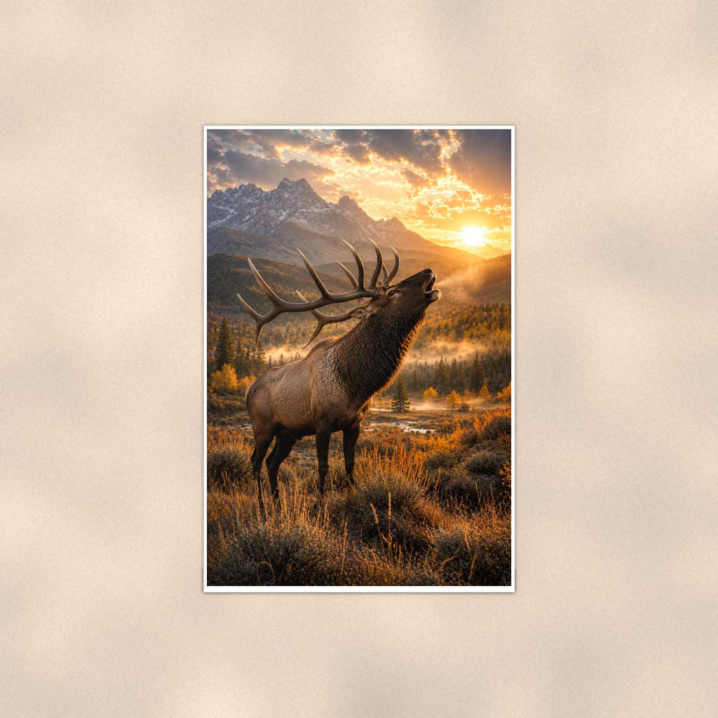 Bugling Elk Sunset — 24x36 in art print poster, premium luster paper with a white border; poster shown straight on against a warm wall.