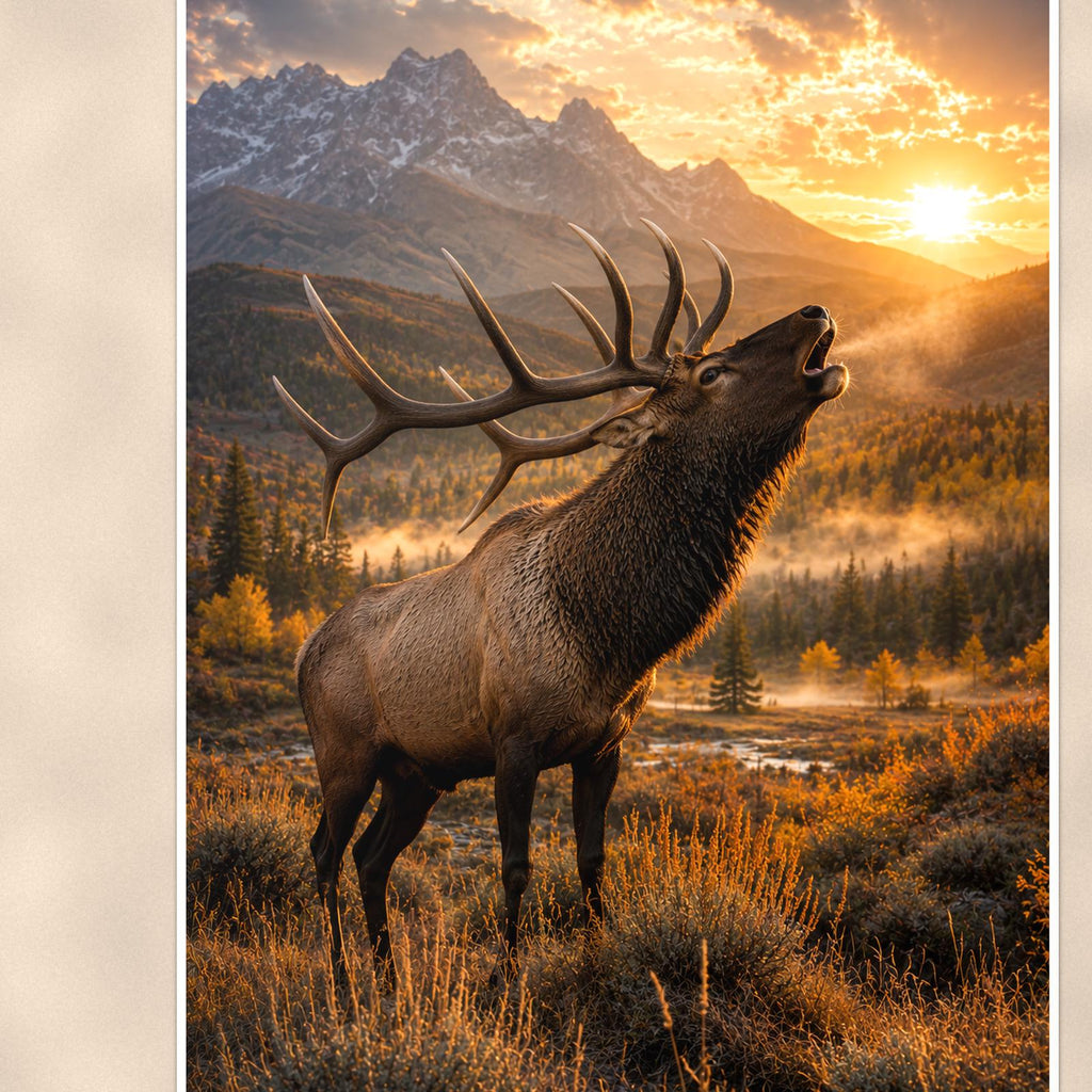 Bugling Elk Sunset — 24x36 in art print poster, premium luster paper with a white border; close-up framed on the main subject of the artwork, paper surface visible.