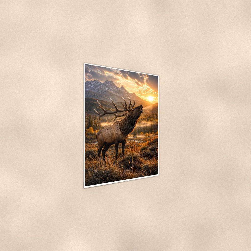 Bugling Elk Sunset — 24x36 in art print poster, premium luster paper with a white border; steeper three-quarter angle on a warm wall, catching the luster sheen.