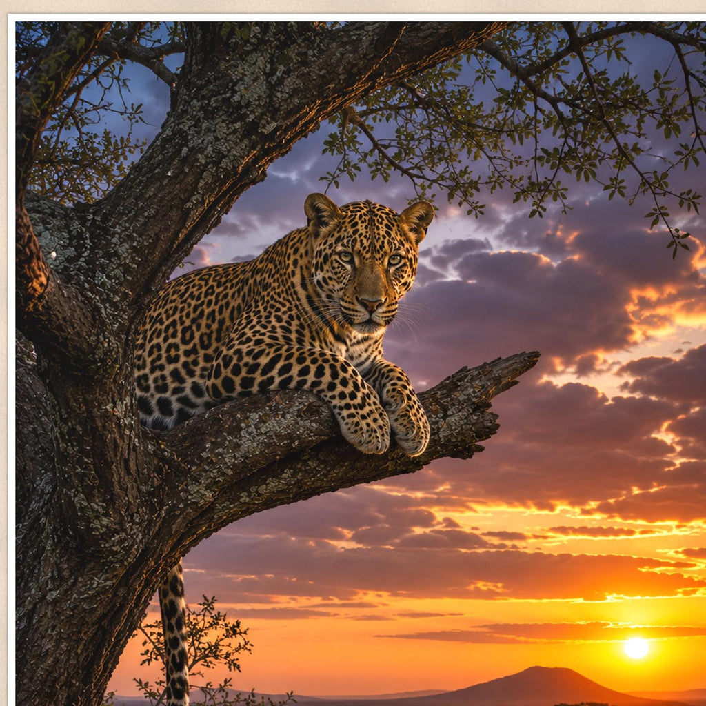 Leopard Tree Sunset — 24x36 in art print poster, premium luster paper with a white border; close-up framed on the main subject of the artwork, paper surface visible.