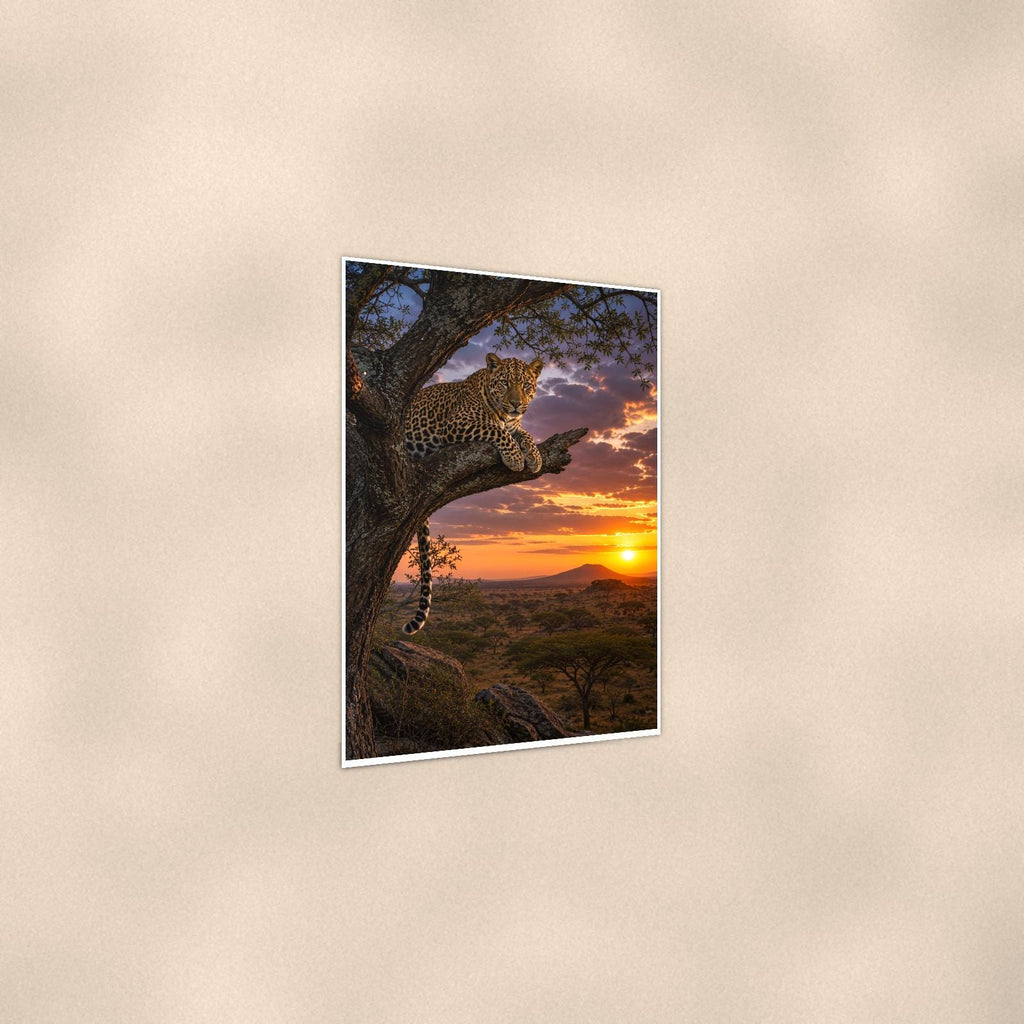 Leopard Tree Sunset — 24x36 in art print poster, premium luster paper with a white border; gentle three-quarter angle on a warm wall, showing the flat paper edge.
