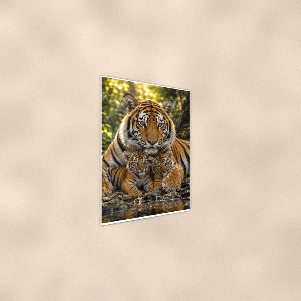 Tiger Mother And Cubs — 24x36 in art print poster, premium luster paper with a white border; steeper three-quarter angle on a warm wall, catching the luster sheen.