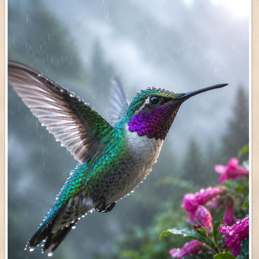 Rainy Day Hummingbird — 24x36 in art print poster, premium luster paper with a white border; close-up framed on the main subject of the artwork, paper surface visible.