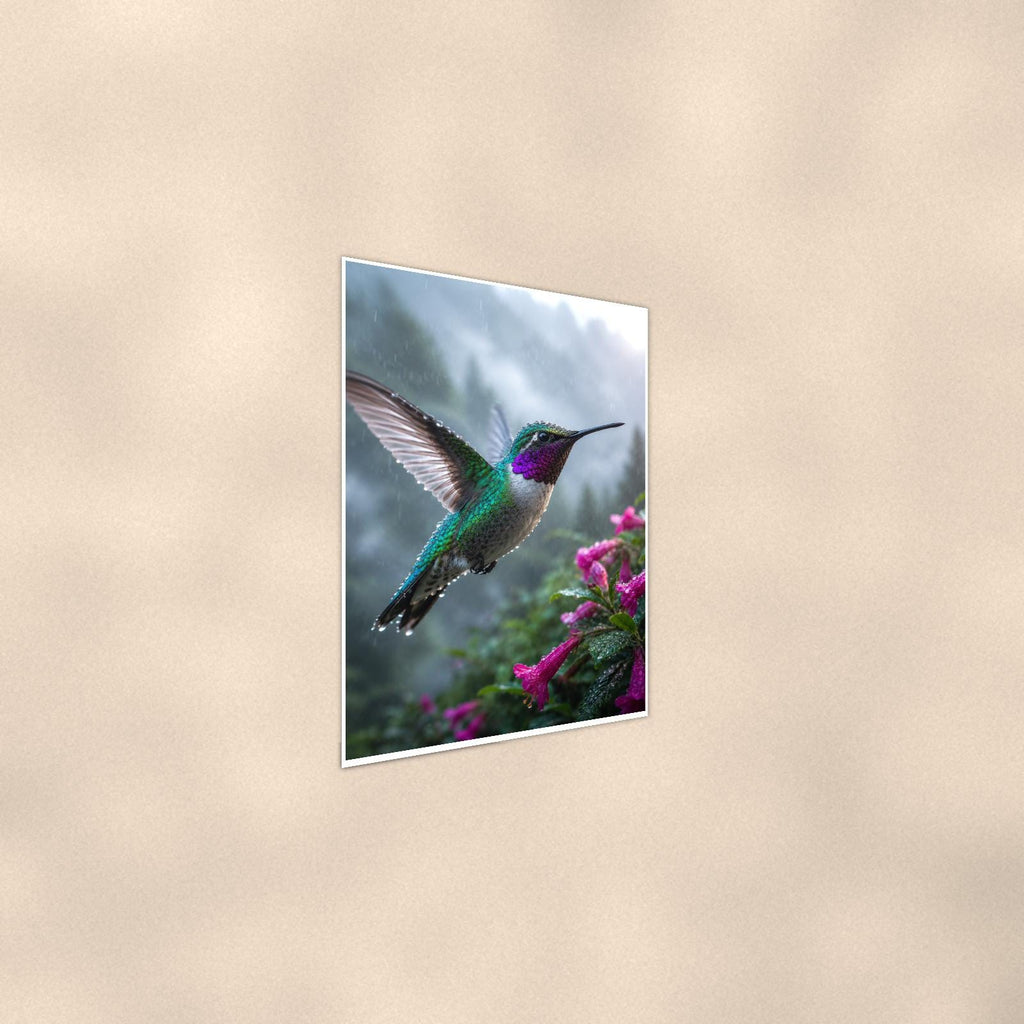 Rainy Day Hummingbird — 24x36 in art print poster, premium luster paper with a white border; steeper three-quarter angle on a warm wall, catching the luster sheen.