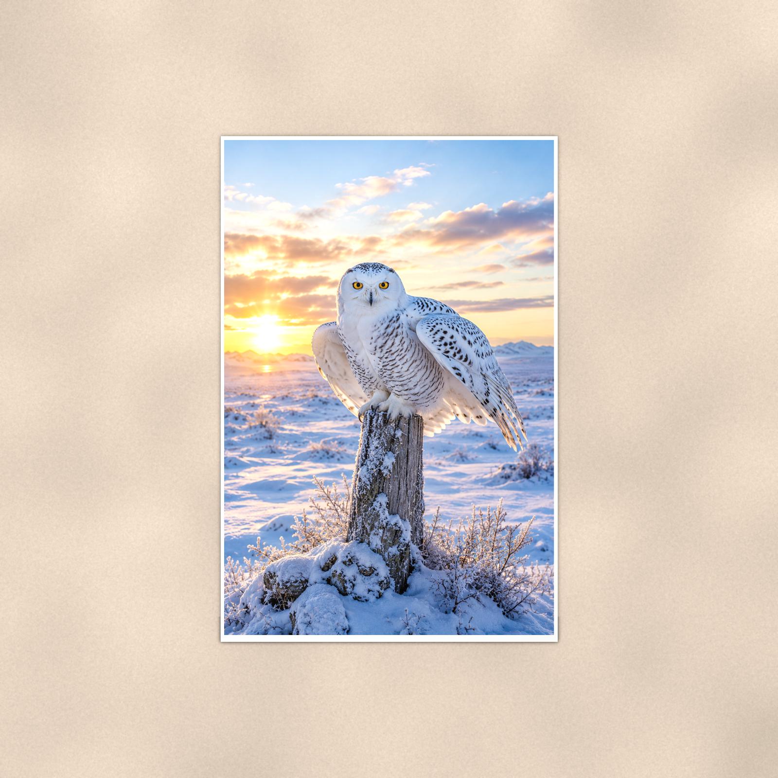 Snowy Owl Sunset — 24x36 in art print poster, premium luster paper with a white border; poster shown straight on against a warm wall.