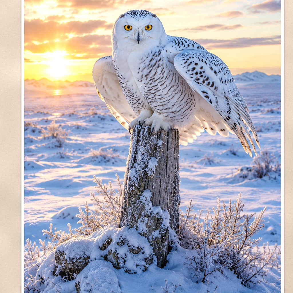 Snowy Owl Sunset — 24x36 in art print poster, premium luster paper with a white border; close-up framed on the main subject of the artwork, paper surface visible.