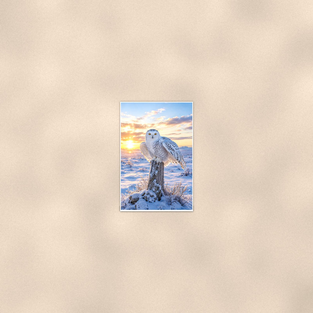 Snowy Owl Sunset — 24x36 in art print poster, premium luster paper with a white border; poster seen from further back, at true 24x36 in scale on a warm wall.