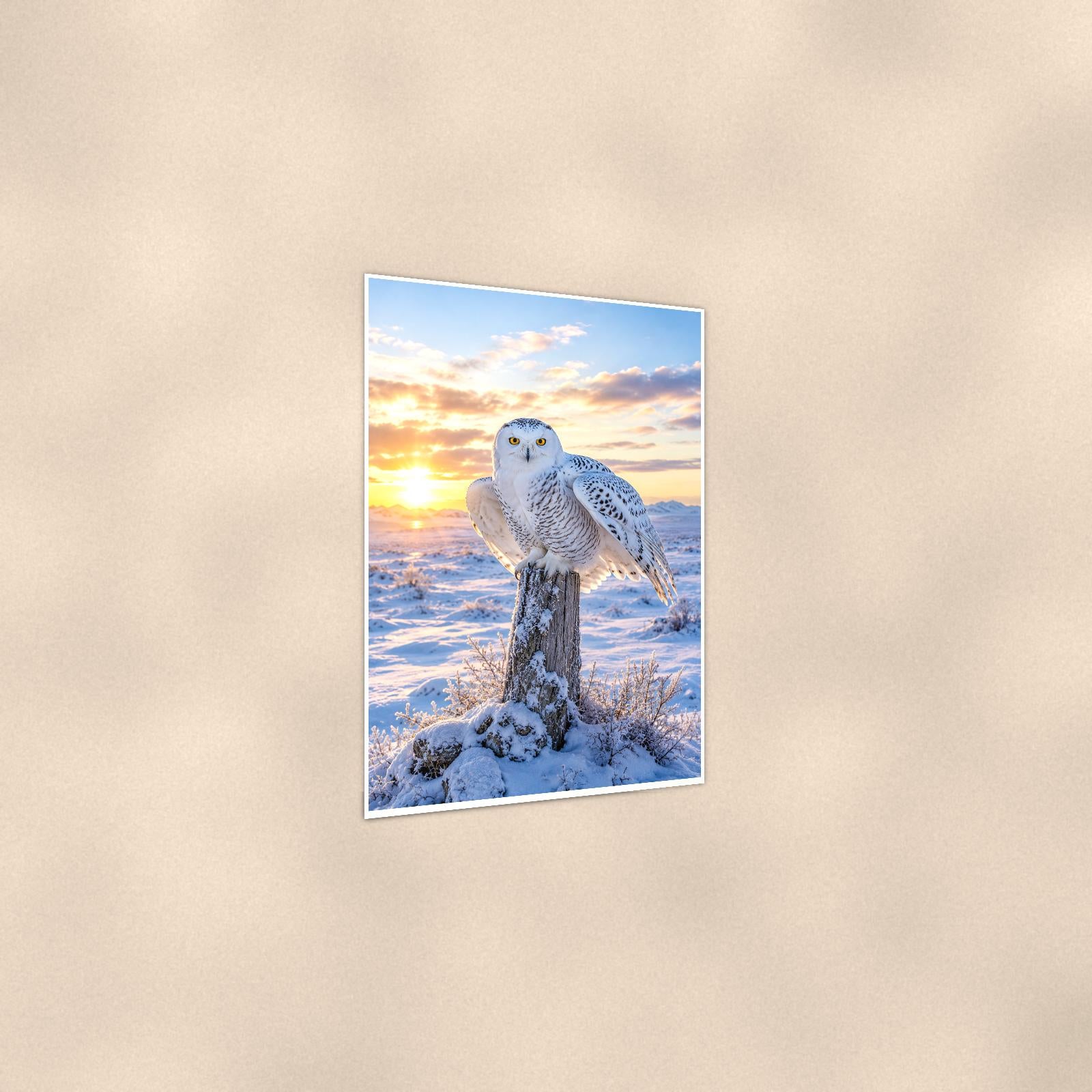 Snowy Owl Sunset — 24x36 in art print poster, premium luster paper with a white border; gentle three-quarter angle on a warm wall, showing the flat paper edge.