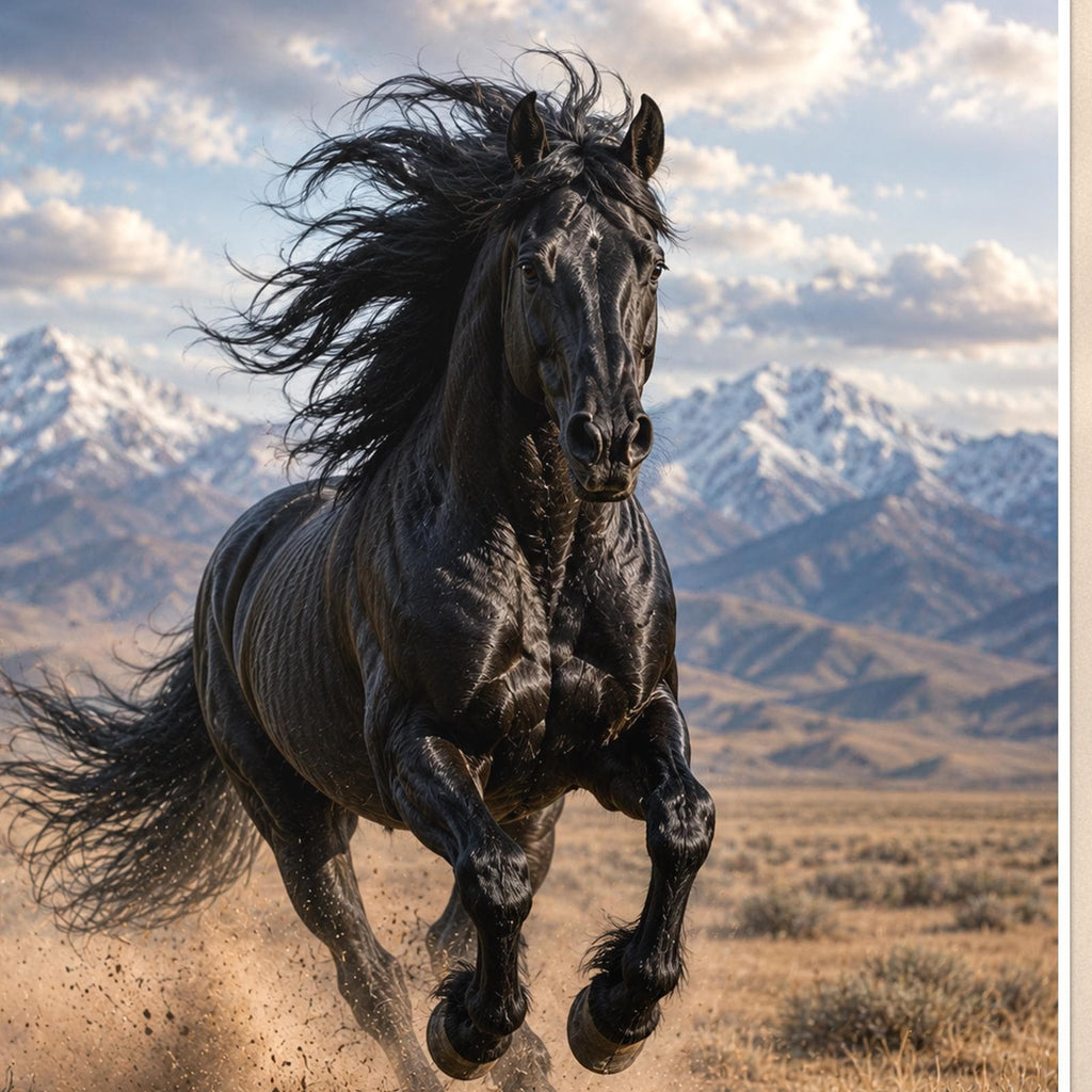 Black Stallion Run — 24x36 in art print poster, premium luster paper with a white border; close-up framed on the main subject of the artwork, paper surface visible.