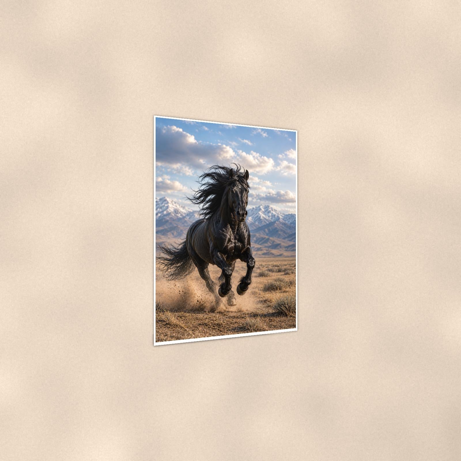 Black Stallion Run — 24x36 in art print poster, premium luster paper with a white border; gentle three-quarter angle on a warm wall, showing the flat paper edge.