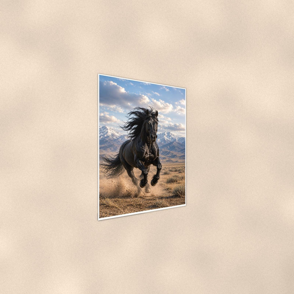 Black Stallion Run — 24x36 in art print poster, premium luster paper with a white border; steeper three-quarter angle on a warm wall, catching the luster sheen.