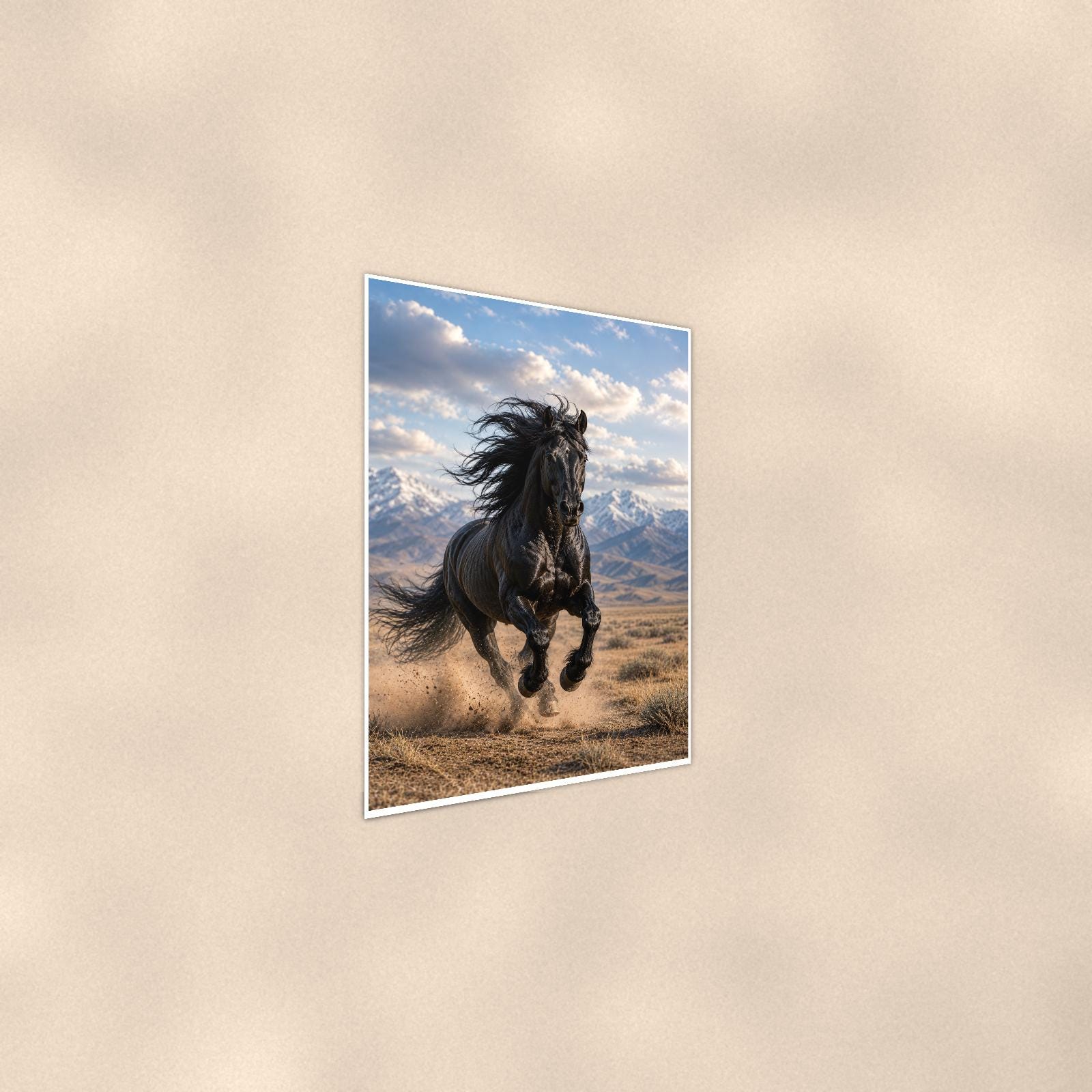 Black Stallion Run — 24x36 in art print poster, premium luster paper with a white border; steeper three-quarter angle on a warm wall, catching the luster sheen.