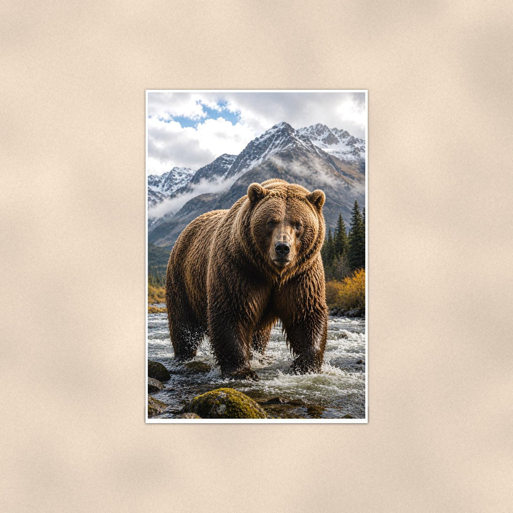 River Grizzly — 24x36 in art print poster, premium luster paper with a white border; poster shown straight on against a warm wall.