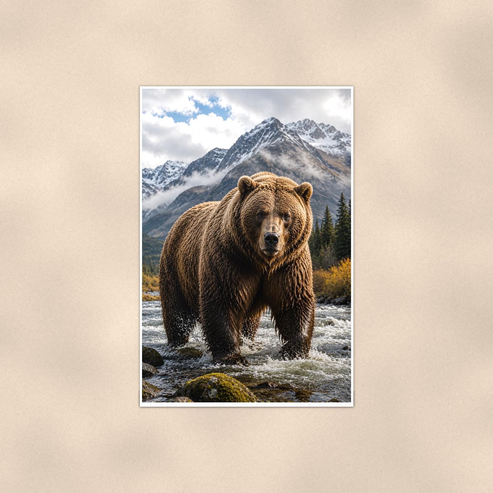 River Grizzly — 24x36 in art print poster, premium luster paper with a white border; poster shown straight on against a warm wall.