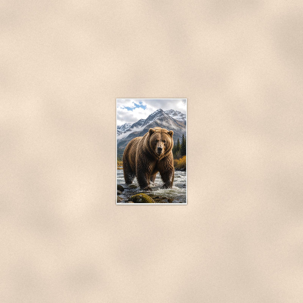 River Grizzly — 24x36 in art print poster, premium luster paper with a white border; poster seen from further back, at true 24x36 in scale on a warm wall.
