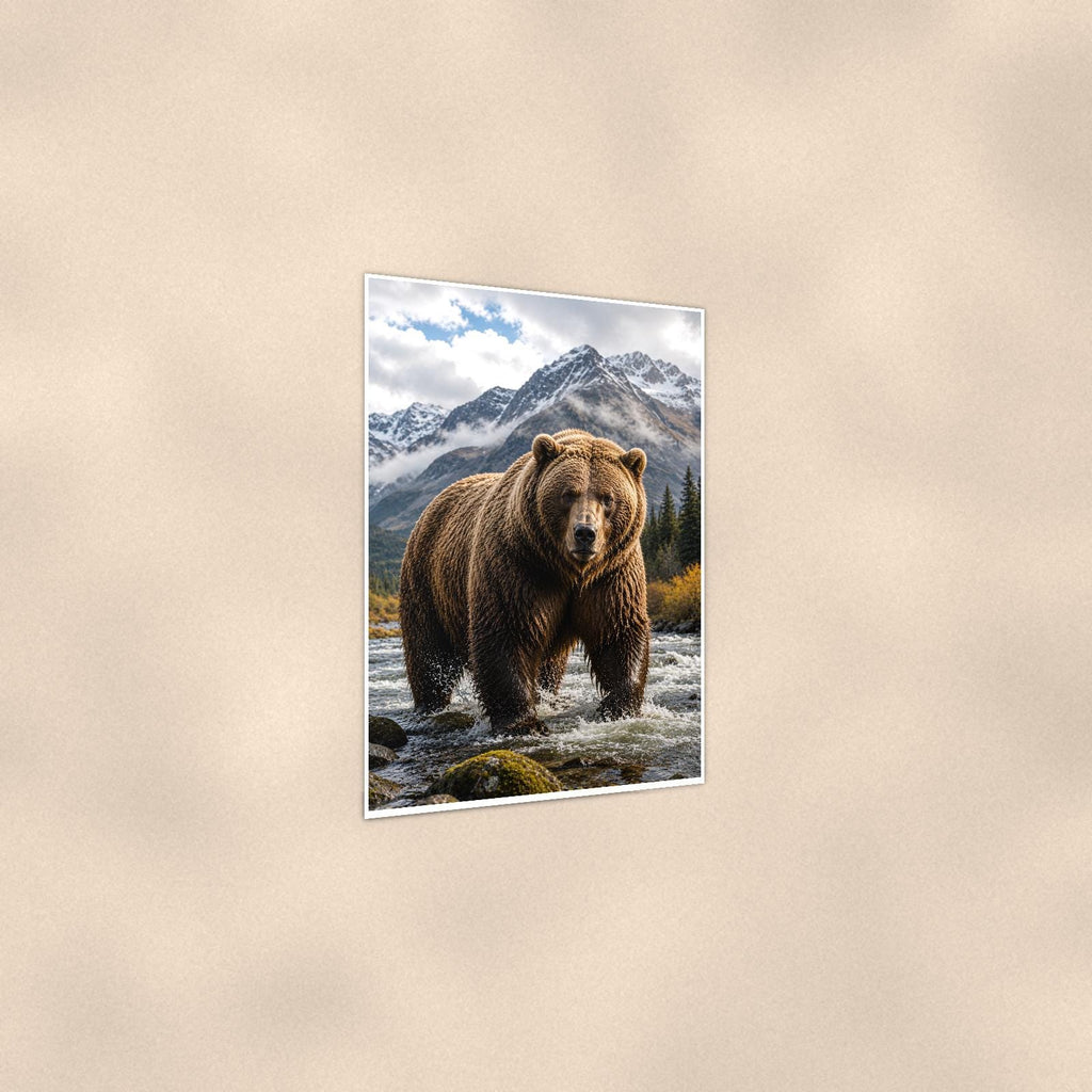 River Grizzly — 24x36 in art print poster, premium luster paper with a white border; gentle three-quarter angle on a warm wall, showing the flat paper edge.