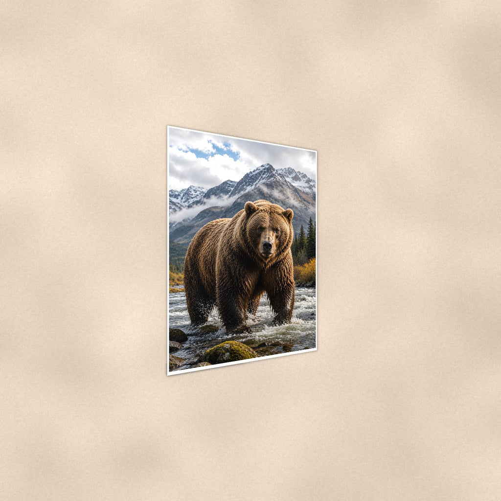 River Grizzly — 24x36 in art print poster, premium luster paper with a white border; steeper three-quarter angle on a warm wall, catching the luster sheen.