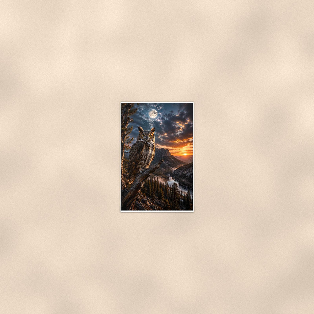 Moonlight Owl — 24x36 in art print poster, premium luster paper with a white border; poster seen from further back, at true 24x36 in scale on a warm wall.