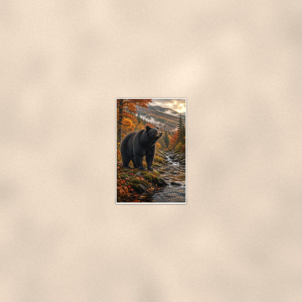 Autumn Black Bear — 24x36 in art print poster, premium luster paper with a white border; poster seen from further back, at true 24x36 in scale on a warm wall.