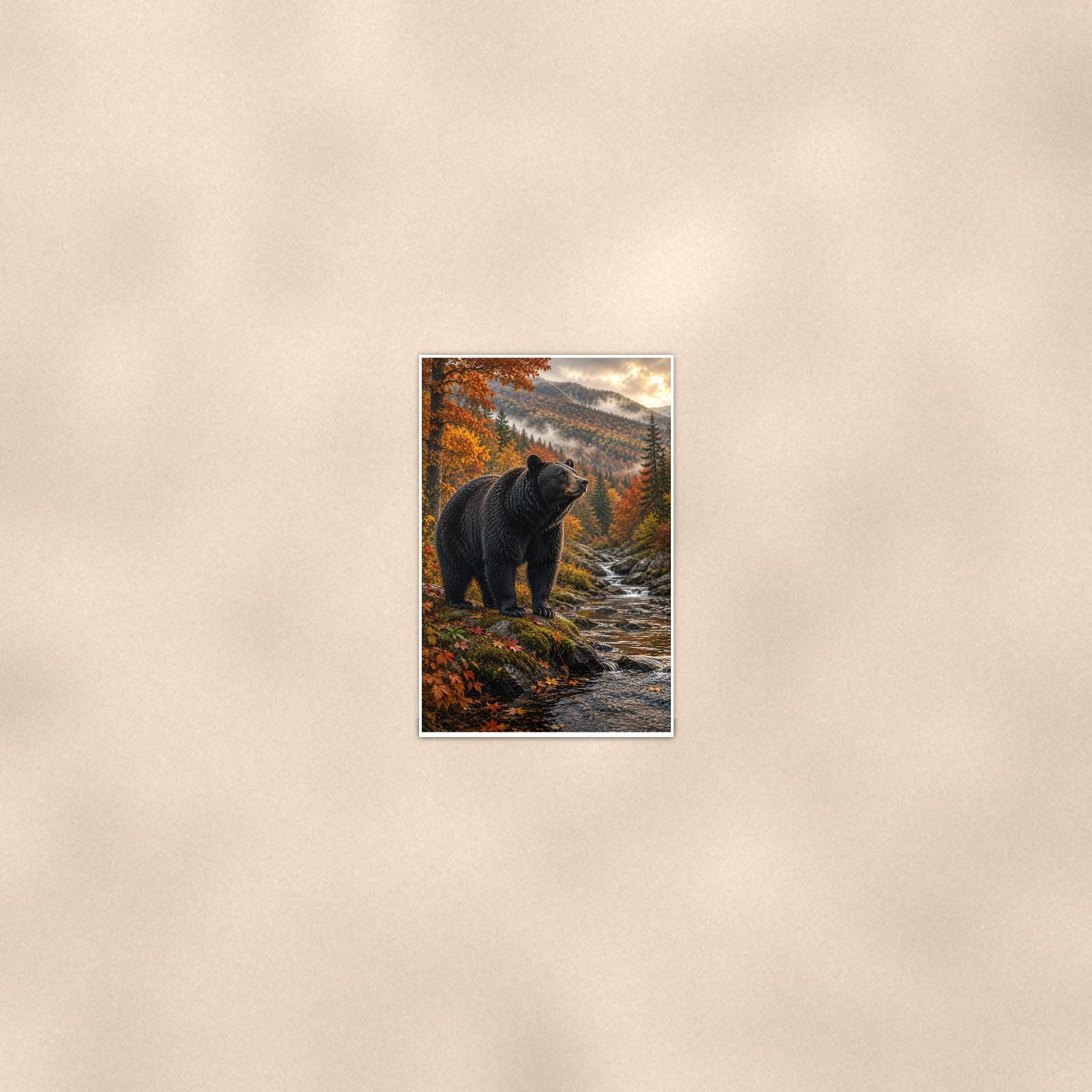 Autumn Black Bear — 24x36 in art print poster, premium luster paper with a white border; poster seen from further back, at true 24x36 in scale on a warm wall.