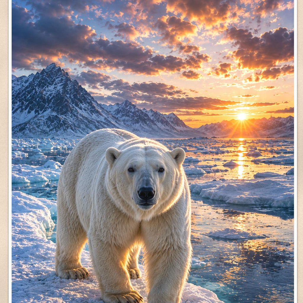 Polar Bear Sunset — 24x36 in art print poster, premium luster paper with a white border; close-up framed on the main subject of the artwork, paper surface visible.