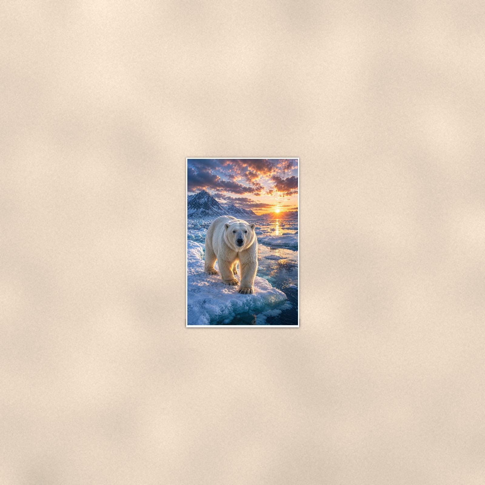 Polar Bear Sunset — 24x36 in art print poster, premium luster paper with a white border; poster seen from further back, at true 24x36 in scale on a warm wall.