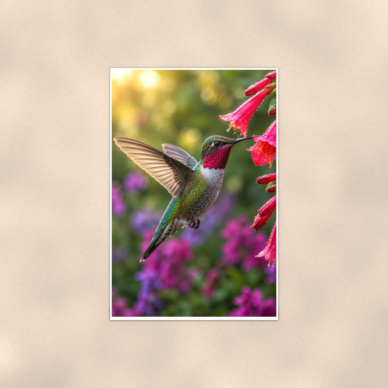 Hummingbird Red Blooms — 24x36 in art print poster, premium luster paper with a white border; poster shown straight on against a warm wall.