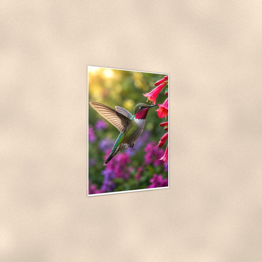Hummingbird Red Blooms — 24x36 in art print poster, premium luster paper with a white border; gentle three-quarter angle on a warm wall, showing the flat paper edge.