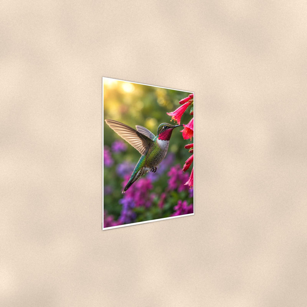 Hummingbird Red Blooms — 24x36 in art print poster, premium luster paper with a white border; steeper three-quarter angle on a warm wall, catching the luster sheen.