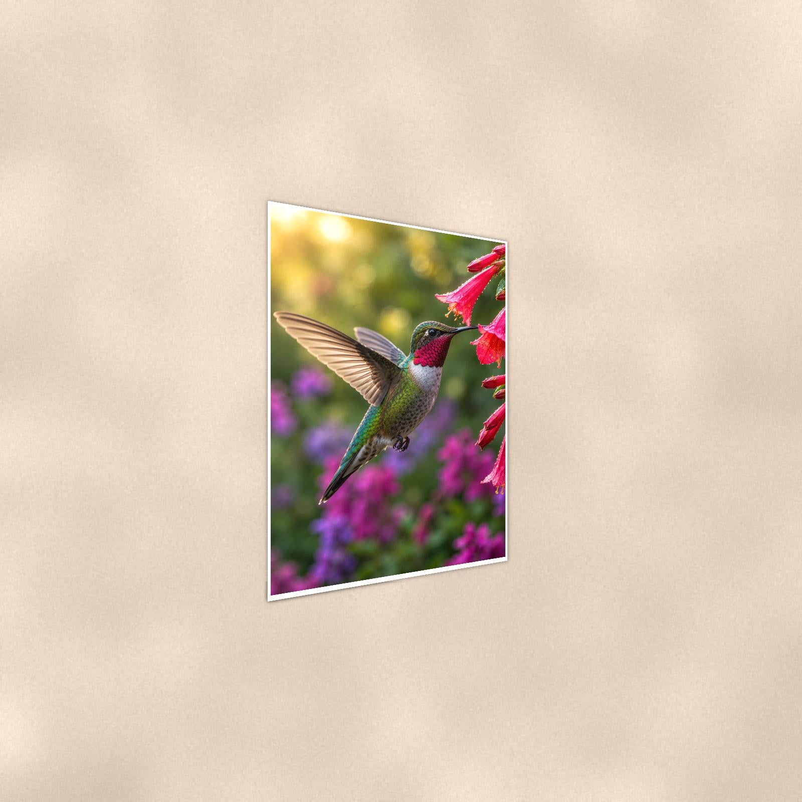 Hummingbird Red Blooms — 24x36 in art print poster, premium luster paper with a white border; steeper three-quarter angle on a warm wall, catching the luster sheen.
