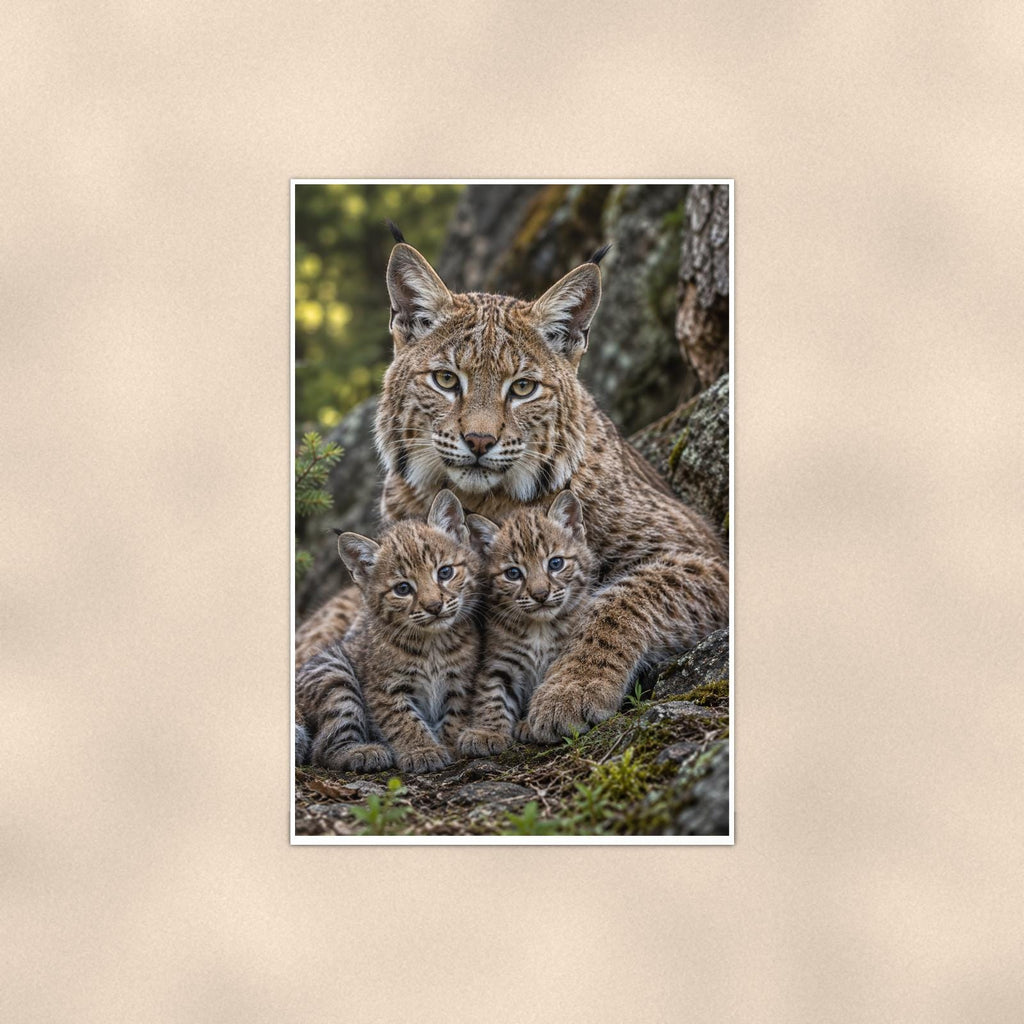 Bobcat Cubs — 24x36 in art print poster, premium luster paper with a white border; poster shown straight on against a warm wall.