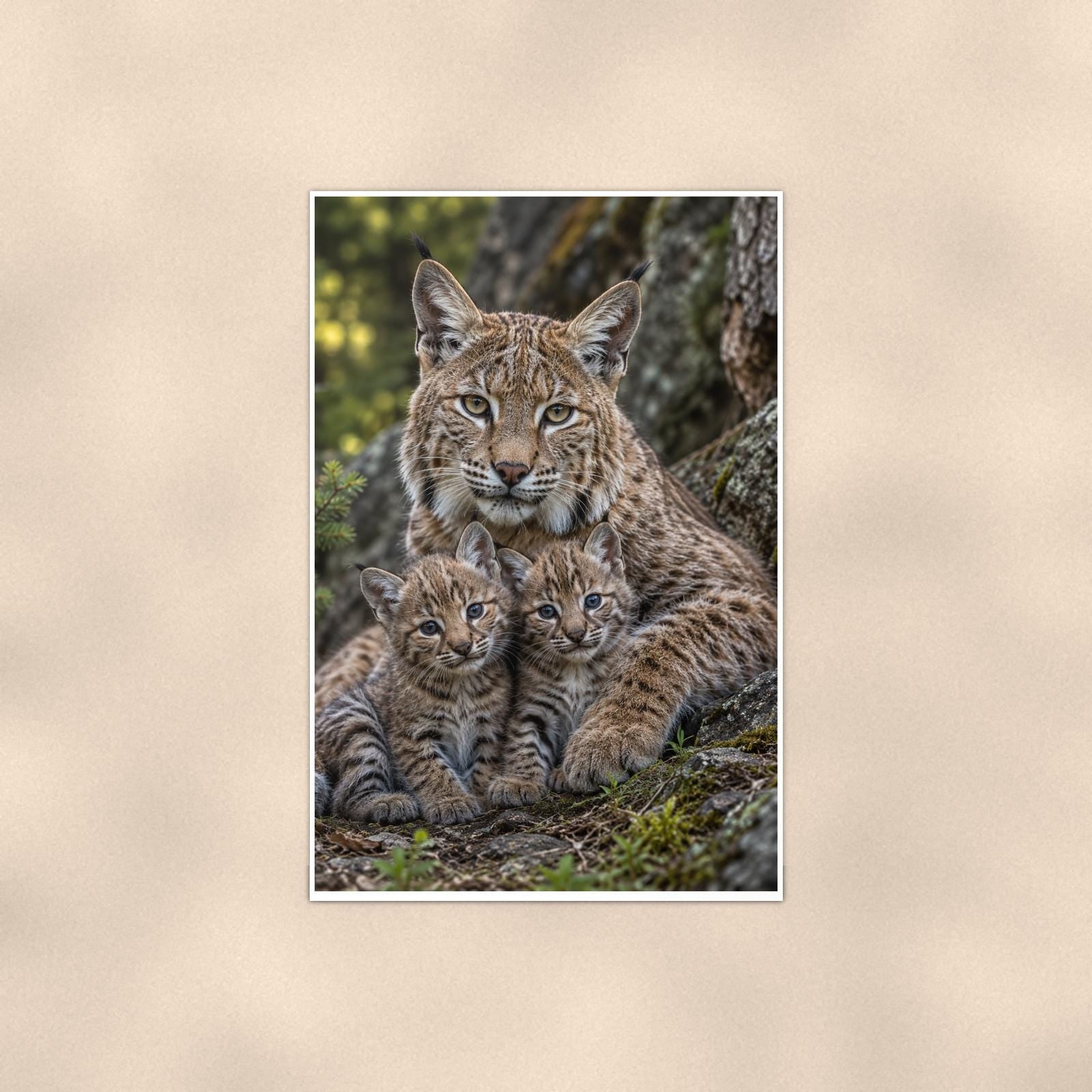 Bobcat Cubs — 24x36 in art print poster, premium luster paper with a white border; poster shown straight on against a warm wall.