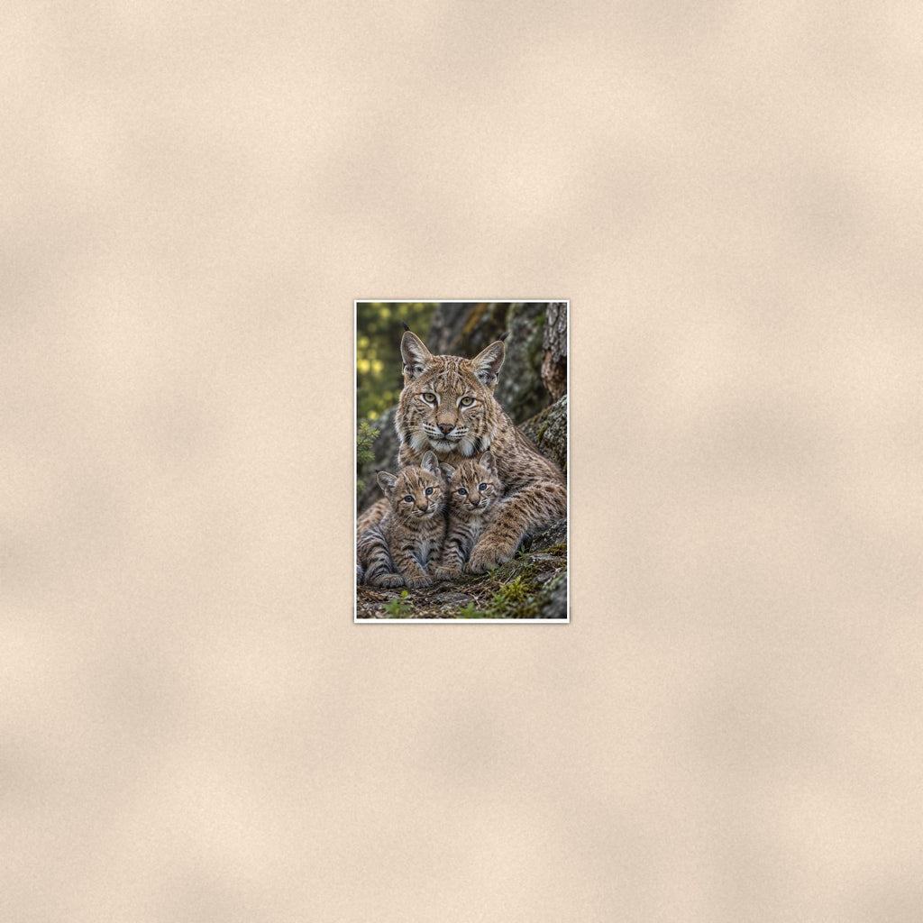 Bobcat Cubs — 24x36 in art print poster, premium luster paper with a white border; poster seen from further back, at true 24x36 in scale on a warm wall.