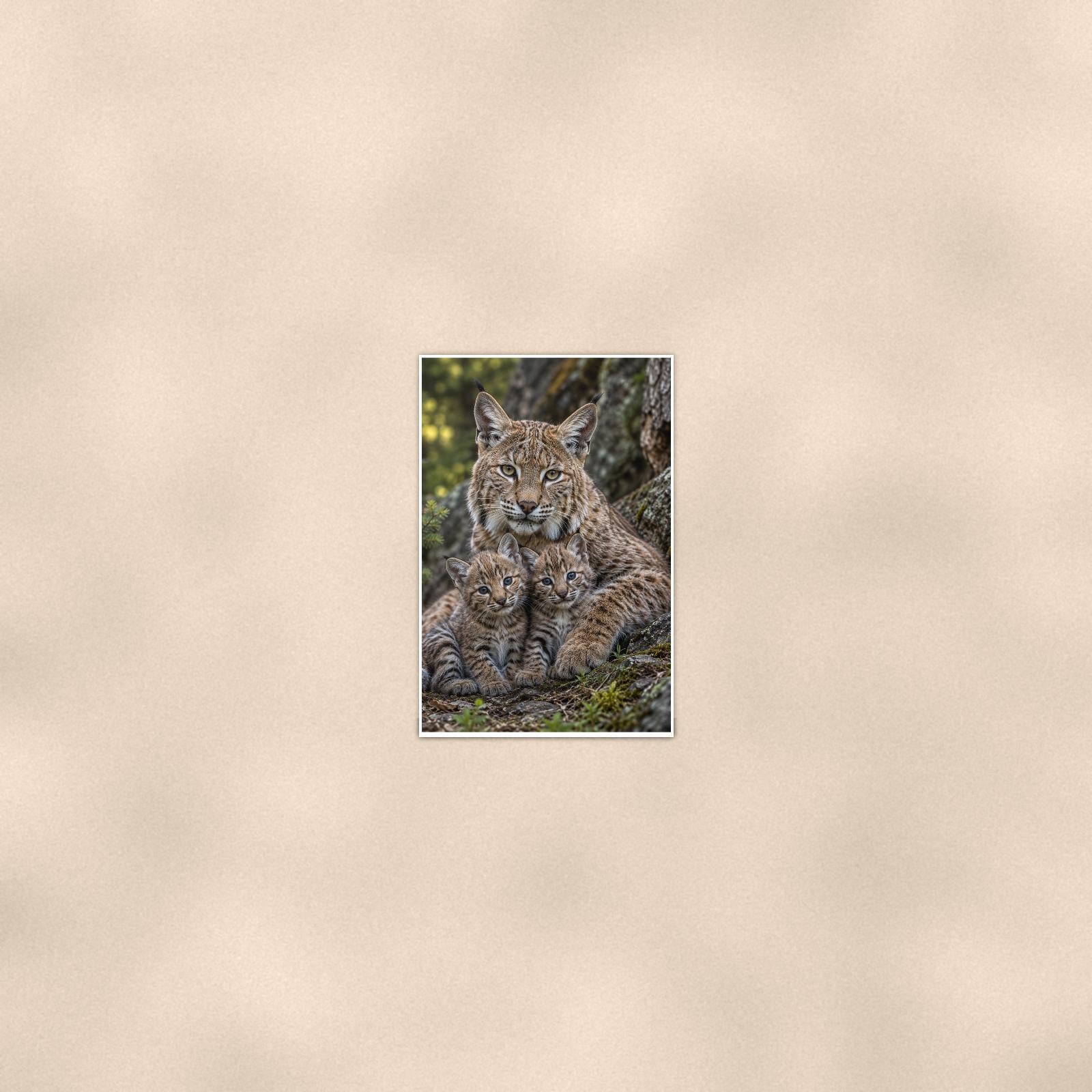 Bobcat Cubs — 24x36 in art print poster, premium luster paper with a white border; poster seen from further back, at true 24x36 in scale on a warm wall.