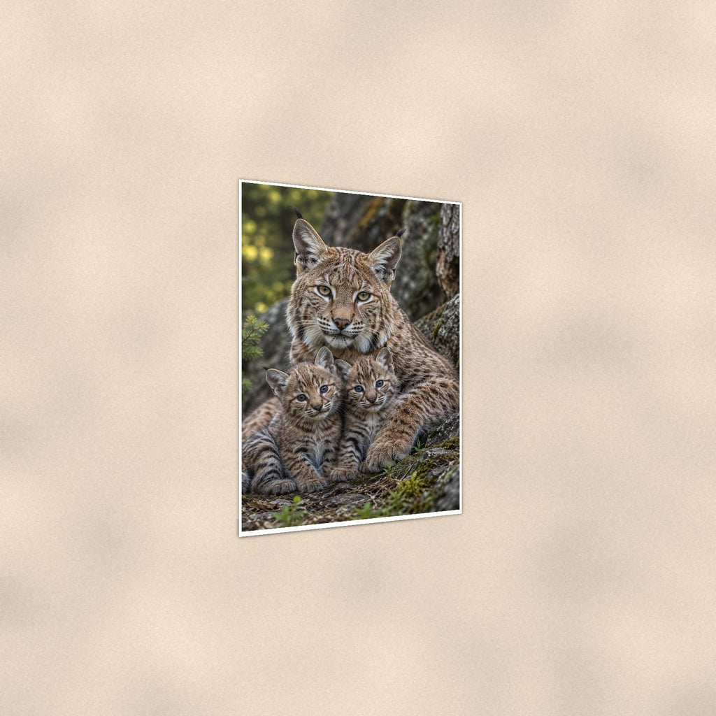 Bobcat Cubs — 24x36 in art print poster, premium luster paper with a white border; gentle three-quarter angle on a warm wall, showing the flat paper edge.
