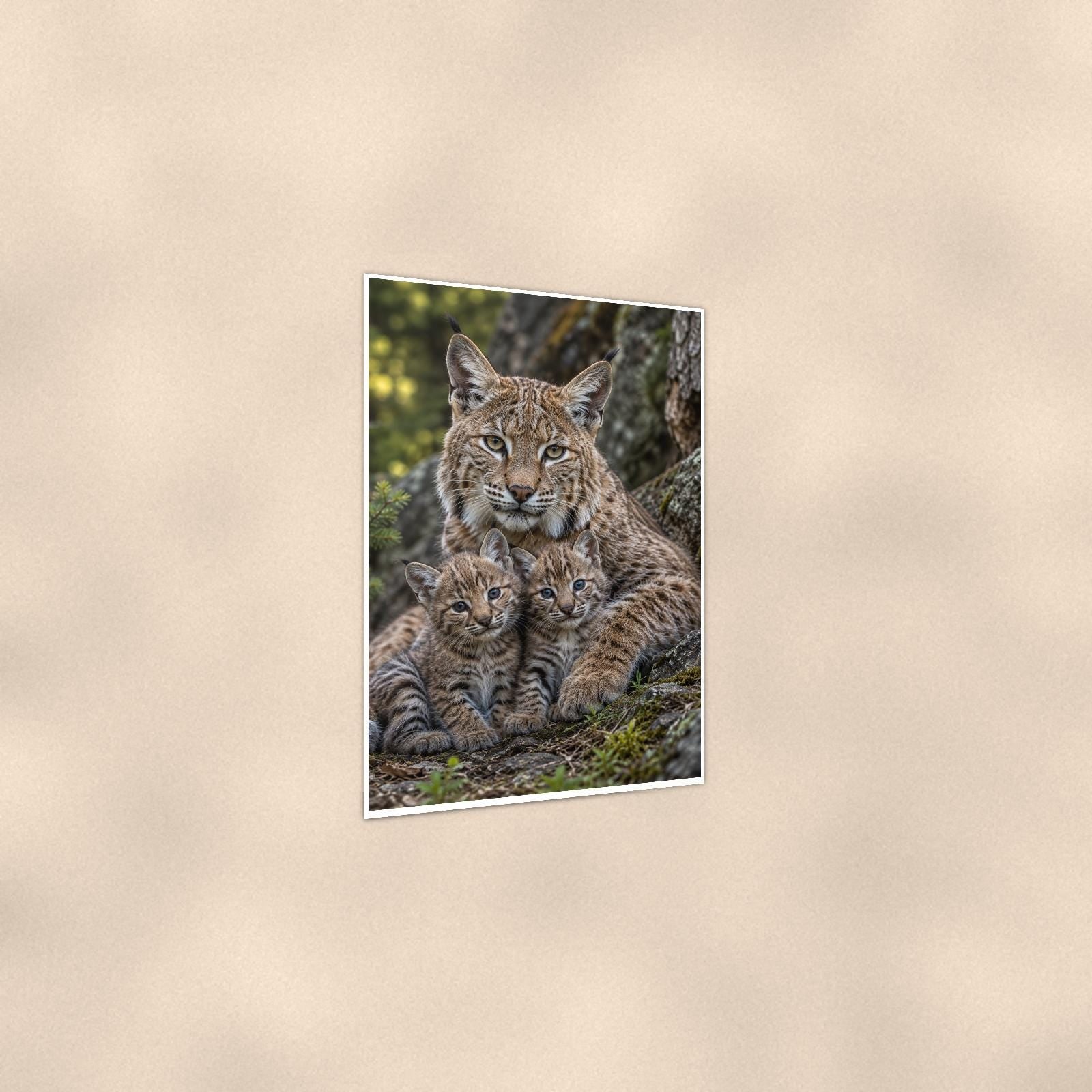 Bobcat Cubs — 24x36 in art print poster, premium luster paper with a white border; gentle three-quarter angle on a warm wall, showing the flat paper edge.