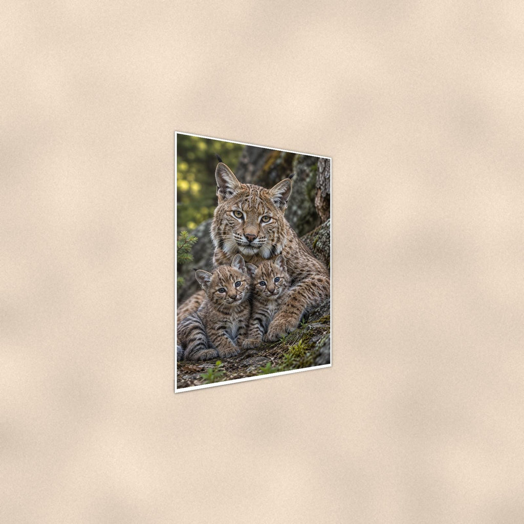 Bobcat Cubs — 24x36 in art print poster, premium luster paper with a white border; steeper three-quarter angle on a warm wall, catching the luster sheen.