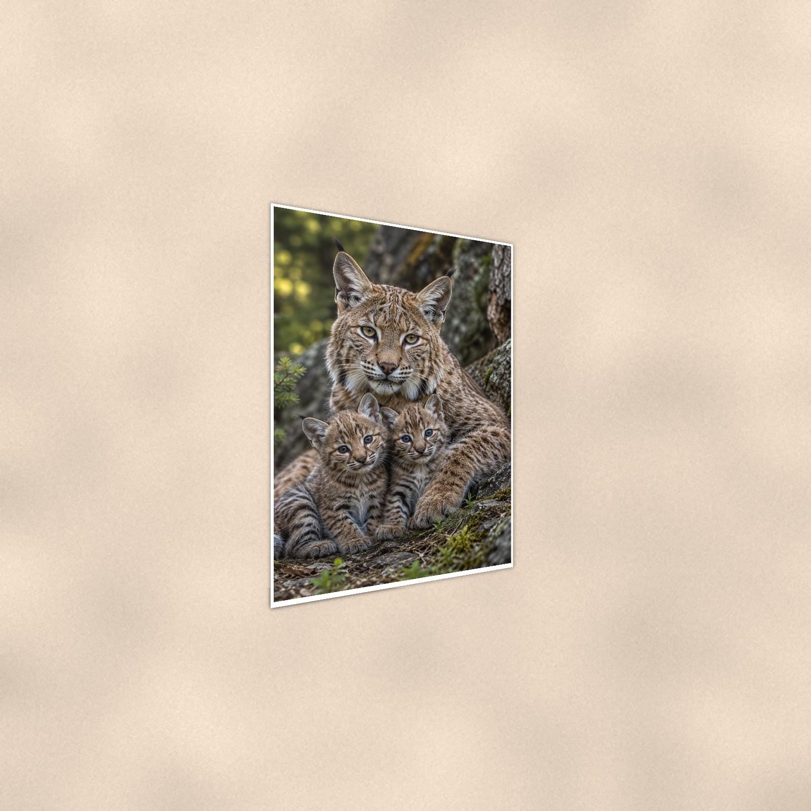 Bobcat Cubs — 24x36 in art print poster, premium luster paper with a white border; steeper three-quarter angle on a warm wall, catching the luster sheen.