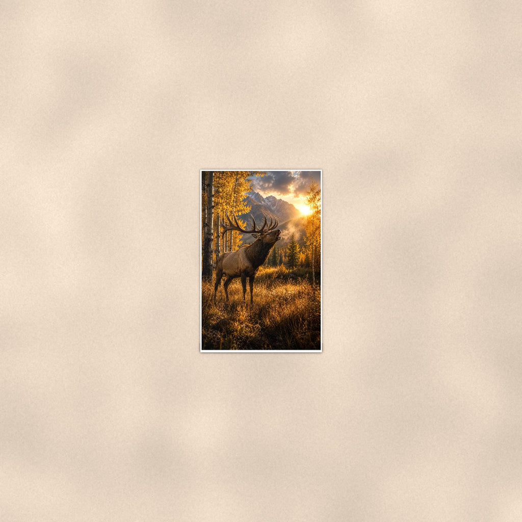 Autumn Elk — 24x36 in art print poster, premium luster paper with a white border; poster seen from further back, at true 24x36 in scale on a warm wall.