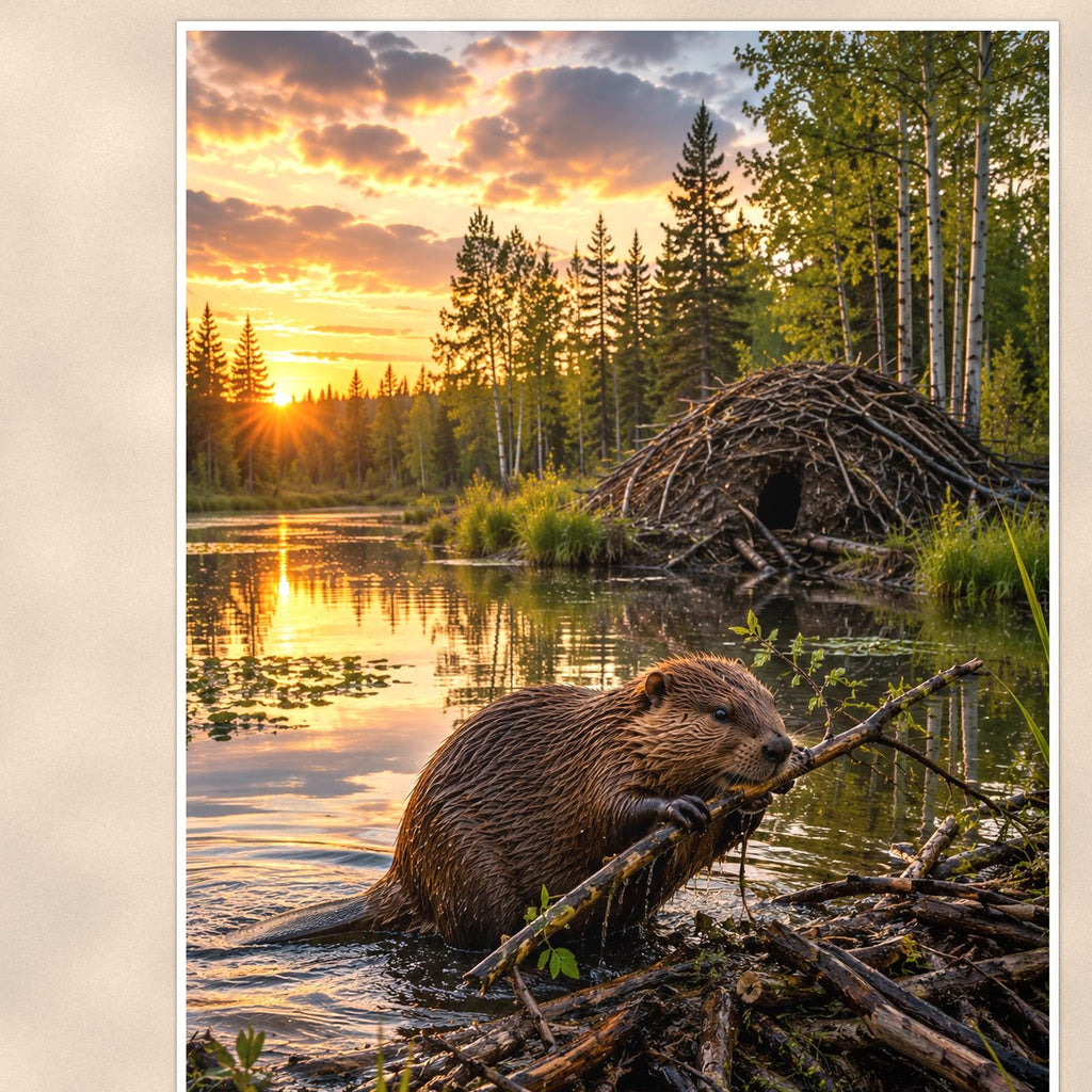 Beaver Lodge Sunset — 24x36 in art print poster, premium luster paper with a white border; close-up framed on the main subject of the artwork, paper surface visible.