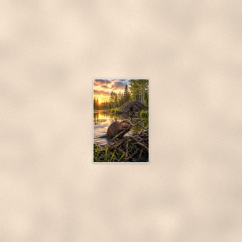 Beaver Lodge Sunset — 24x36 in art print poster, premium luster paper with a white border; poster seen from further back, at true 24x36 in scale on a warm wall.